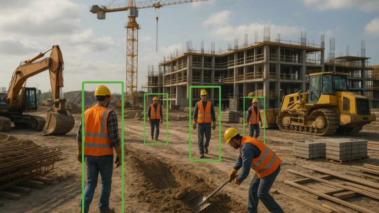 Baustelle mit KI-Arbeitssicherheitstechnologie